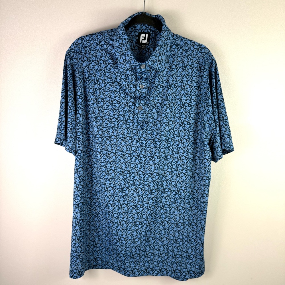 FootJoy Mens Golf Polo Shirt Large Blue Floral Print Short Sleeve Stretch